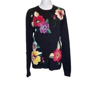 Vintage Blair Boutique size Small Black floral knit pull-on sweater long sleeve